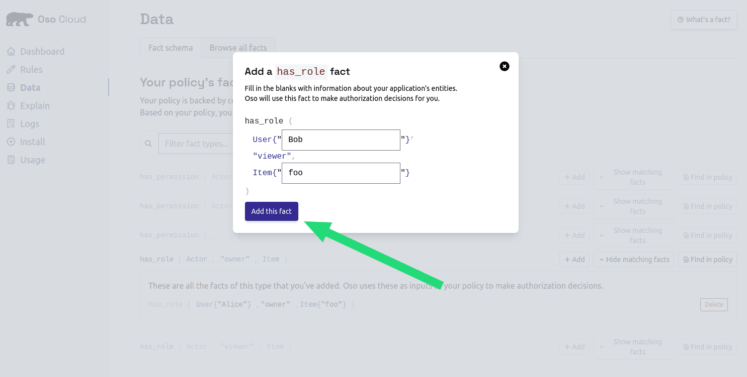 Screenshot pointing to the button to add the new fact