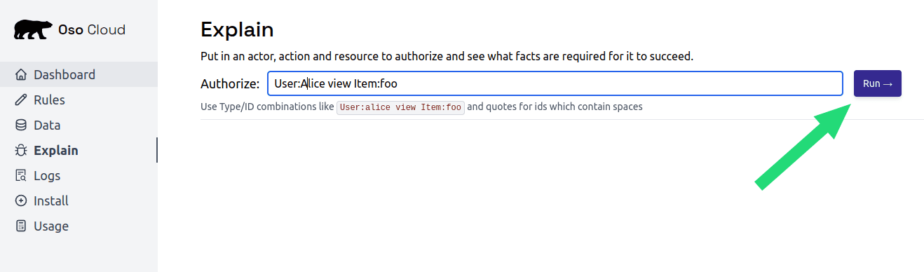 Screenshot of Explain tab with inputted text pointing to the Run button