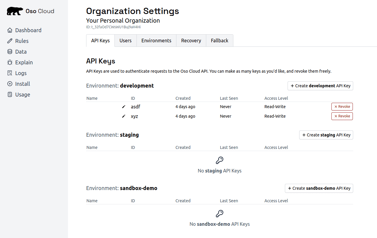 Screenshot of the interface for API keys