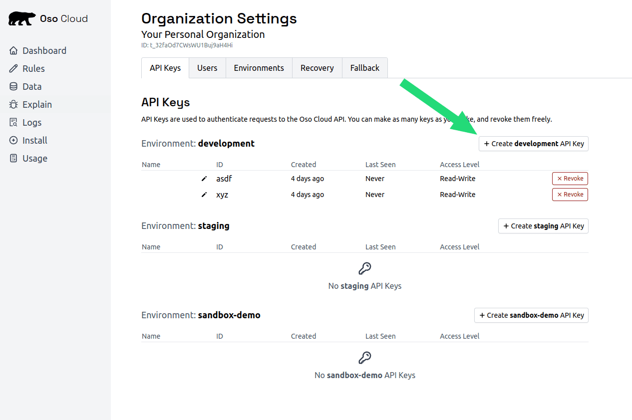 Screenshot of the interface for API keys pointing to how to add a new development key.