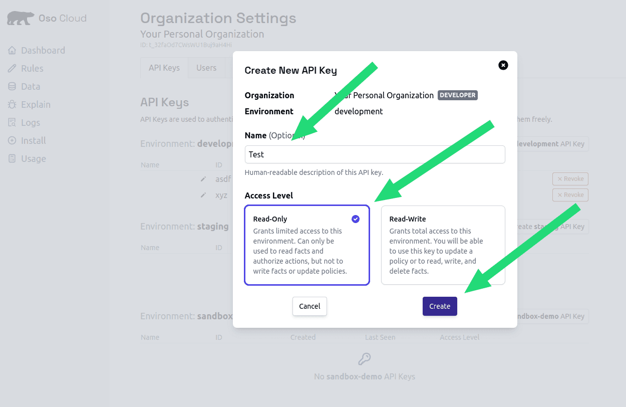 Screenshot guiding through the steps to create a new API key