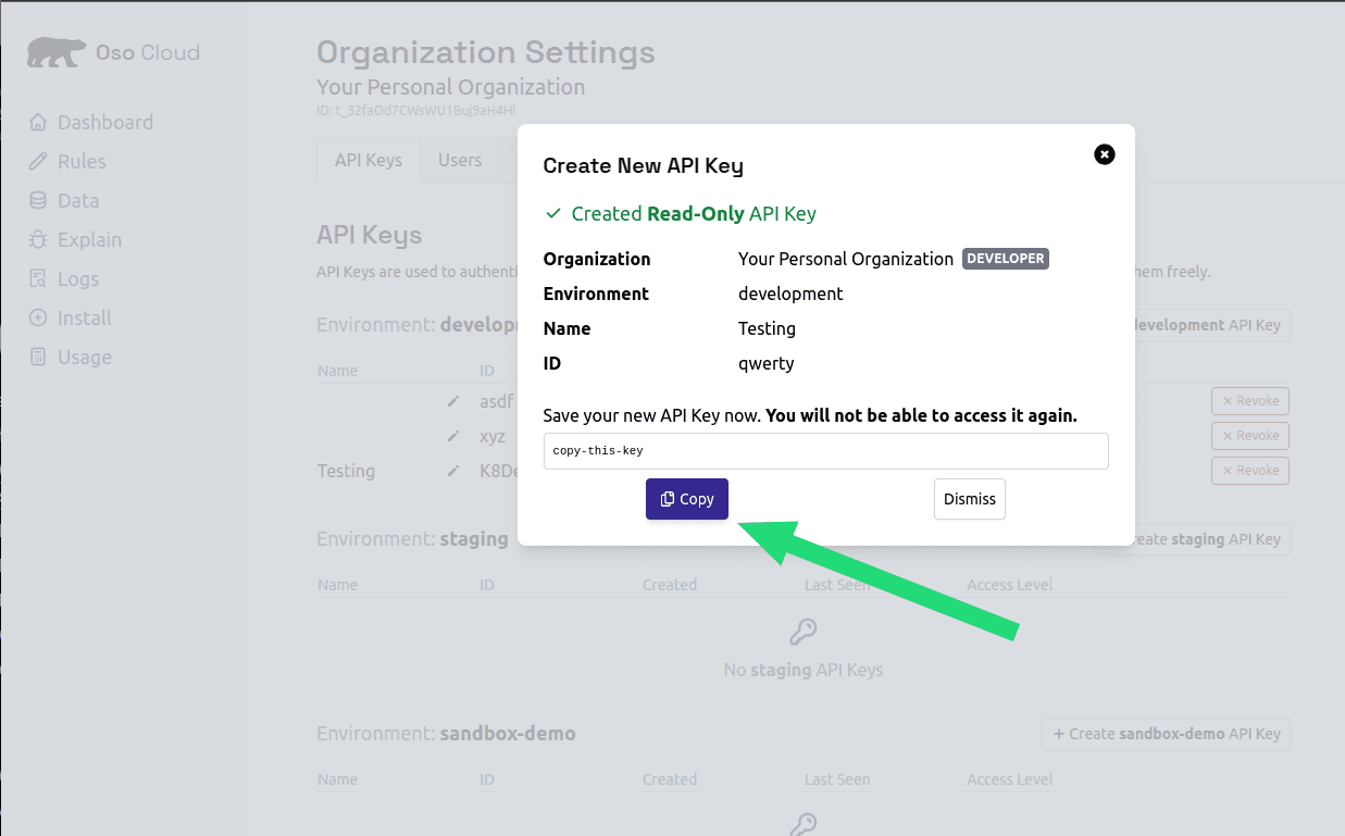 Screenshot pointing to the button to copy an API key.